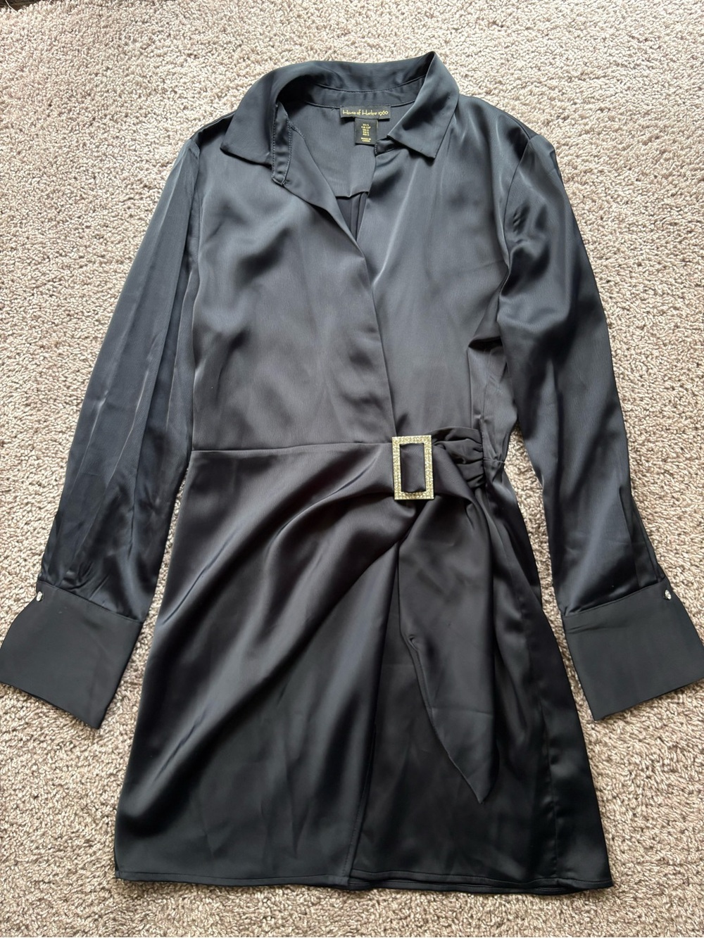 House of Harlow 1960 Black Satin Wrap Dress with Buckle